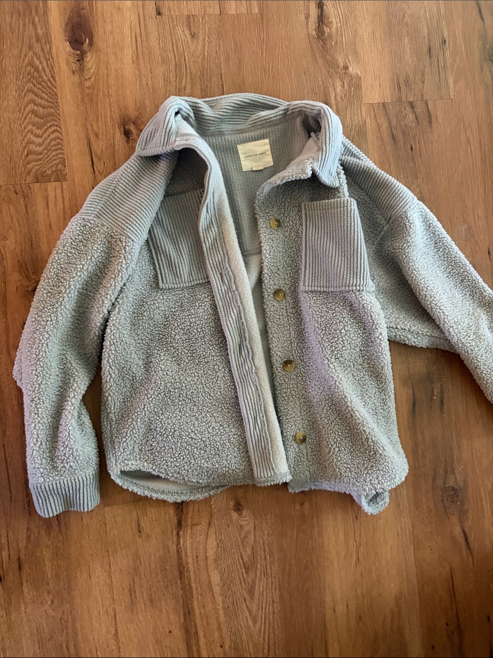 American Eagle Light Gray Sherpa Jacket with Rib Knit Accents